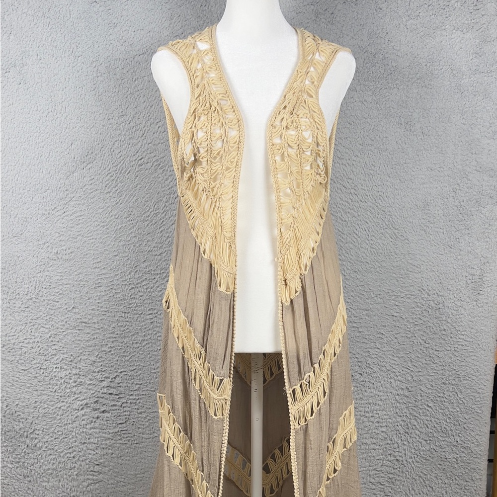 Umgee Cardigan Vest Womens Medium Brown Open Front Macrame Crochet Boho Long - Picture 1 of 7